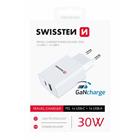 SWISSTEN SÍŤOVÝ ADAPTÉR GaN 1x USB-C + 1x USB 30W POWER DELIVERY