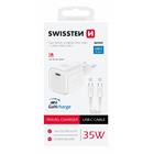 SWISSTEN SÍŤOVÝ ADAPTÉR GaN 1x USB-C 35W POWER DELIVERY BÍLÝ + DATOVÝ KABEL USB-C/USB-C 1,2 M BÍLÝ