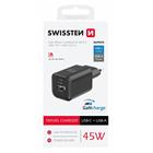 SWISSTEN SÍŤOVÝ ADAPTÉR GaN 1x USB-C 45W PD + 1x USB-A 18W QC ČERNÝ