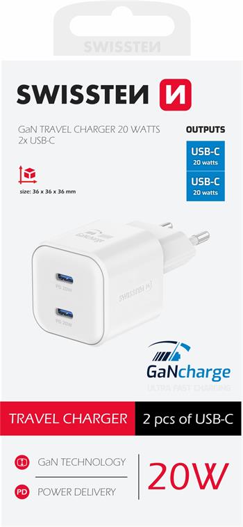 SWISSTEN SÍŤOVÝ ADAPTÉR GaN 2x USB-C 20W POWER DELIVERY BÍLÝ