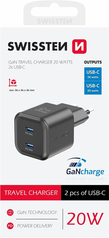 SWISSTEN SÍŤOVÝ ADAPTÉR GaN 2x USB-C 20W POWER DELIVERY ČERNÝ