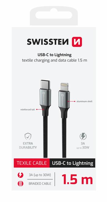 DATOVÝ KABEL SWISSTEN TEXTILE II USB-C / LIGHTNING 1,5 M ČERNÝ