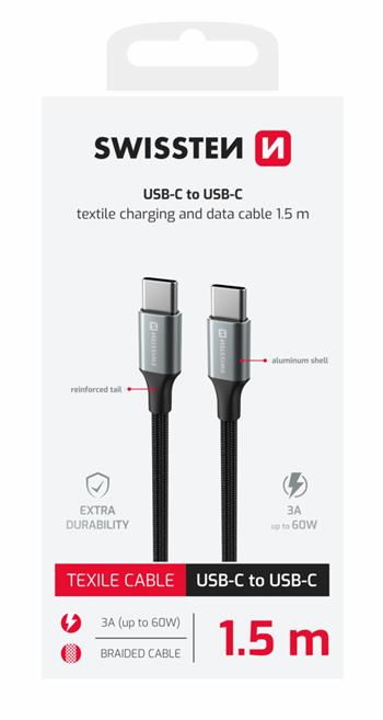 DATOVÝ KABEL SWISSTEN TEXTILE II USB-C / USB-C 1,5 M ČERNÝ