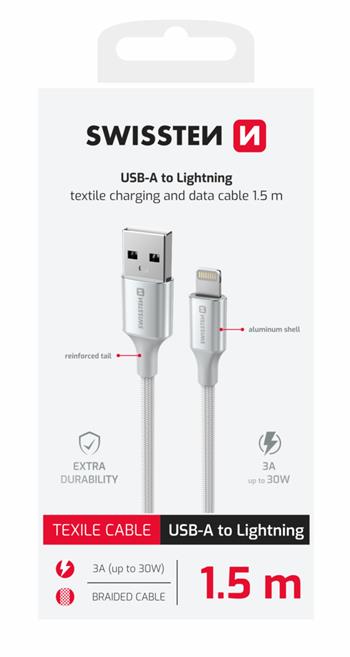 DATOVÝ KABEL SWISSTEN TEXTILE II USB / LIGHTNING 1,5 M BÍLÝ