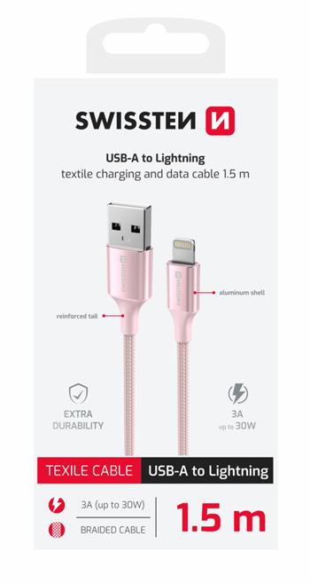 DATOVÝ KABEL SWISSTEN TEXTILE II USB / LIGHTNING 1,5 M RŮŽOVÝ