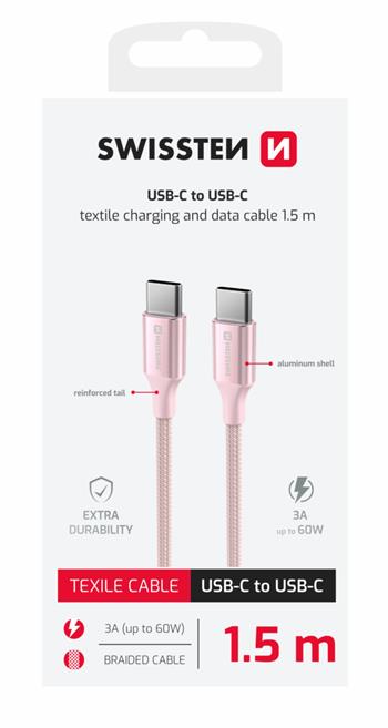 DATOVÝ KABEL SWISSTEN TEXTILE II USB-C / USB-C 1,5 M RŮŽOVÝ