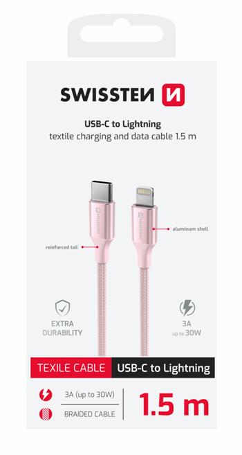 DATOVÝ KABEL SWISSTEN TEXTILE II USB-C / LIGHTNING 1,5 M RŮŽOVÝ