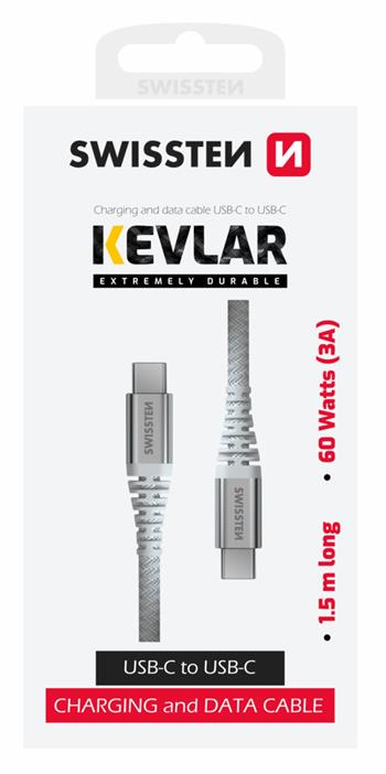 DATOVÝ KABEL SWISSTEN KEVLAR USB-C / USB-C 1,5 M BÍLÝ