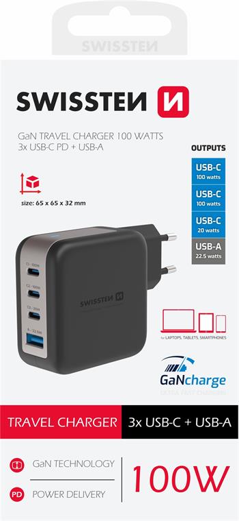 SWISSTEN SÍŤOVÝ ADAPTÉR GaN 3x USB-C 100W PD + 1x USB-A 18W QC ČERNÝ