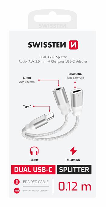 NABÍJECÍ AUDIO ADAPTÉR SWISSTEN TEXTILE USB-C (samec) / USB-C (samice) a 3,5mm AUX 0,12 M BÍLÝ