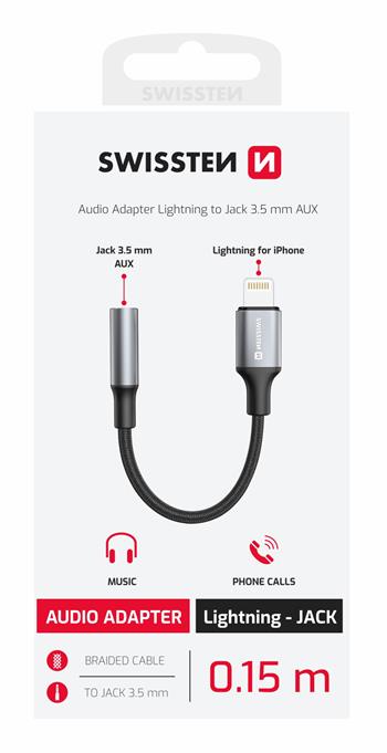 AUDIO ADAPTÉR SWISSTEN TEXTILE LIGHTNING (samec) / 3,5mm AUX 0,15 M ČERNÝ (nahrazuje 73501211)