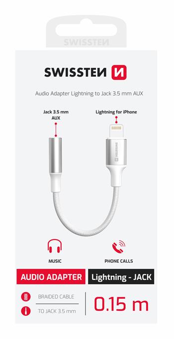 AUDIO ADAPTÉR SWISSTEN TEXTILE LIGHTNING (samec) / 3,5mm AUX 0,15 M BÍLÝ (nahrazuje 73501212)