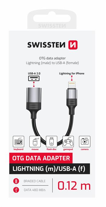 OTG ADAPTÉR SWISSTEN TEXTILE LIGHTNING (samec) / USB-A (samice) 0,12 M ČERNÝ (nahrazuje 55500300)