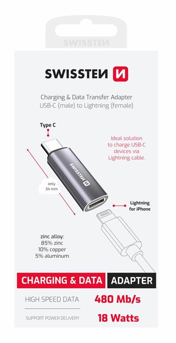NABÍJECÍ ADAPTÉR SWISSTEN USB-C (samec) / LIGHTNING (samice) STŘÍBRNÝ