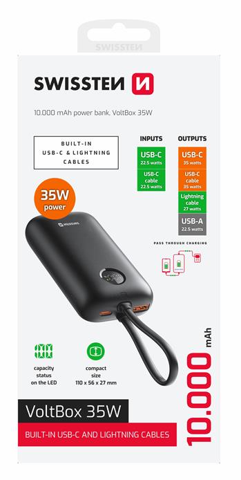 SWISSTEN POWER BANK VOLTBOX 35W 10000 mAh S INTEGROVANÝMI KABELY USB-C A LIGHTNING ČERNÁ