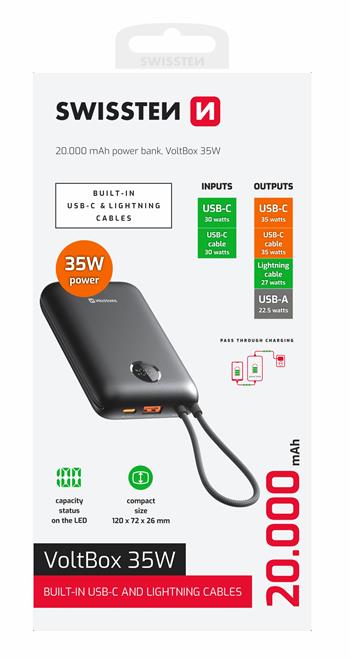 SWISSTEN POWER BANK VOLTBOX 35W 20000 mAh S INTEGROVANÝMI KABELY USB-C A LIGHTNING ČERNÁ