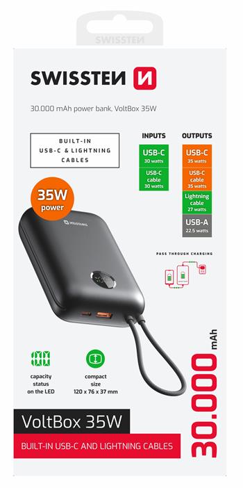 SWISSTEN POWER BANK VOLTBOX 35W 30000 mAh S INTEGROVANÝMI KABELY USB-C A LIGHTNING ČERNÁ