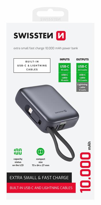 SWISSTEN POWER BANK 10000 mAh S INTEGROVANÝMI KABELY USB-C A LIGHTNING VESMÍRNĚ STŘÍBRNÁ