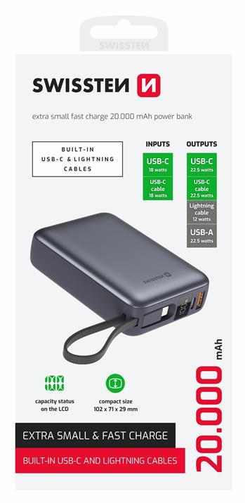 SWISSTEN POWER BANK 20000 mAh S INTEGROVANÝMI KABELY USB-C A LIGHTNING VESMÍRNĚ STŘÍBRNÁ