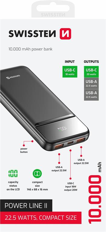 SWISSTEN POWER BANK 10000 mAh POWER LINE II ČERNÁ