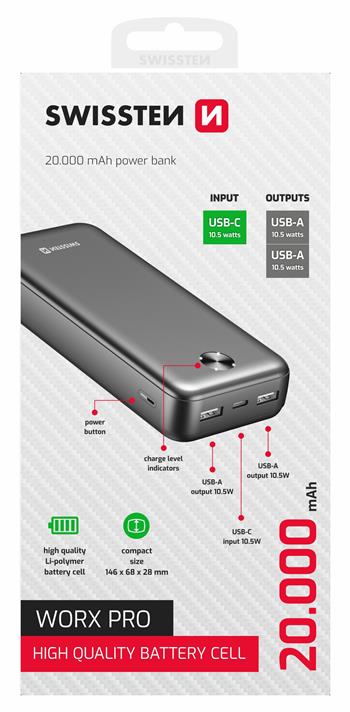 SWISSTEN POWER BANK 20000 mAh WORX PRO ČERNÁ