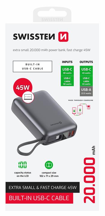 SWISSTEN POWER BANK 20000 mAh 45W S INTEGROVANÝM KABELEM USB-C VESMÍRNĚ STŘÍBRNÁ