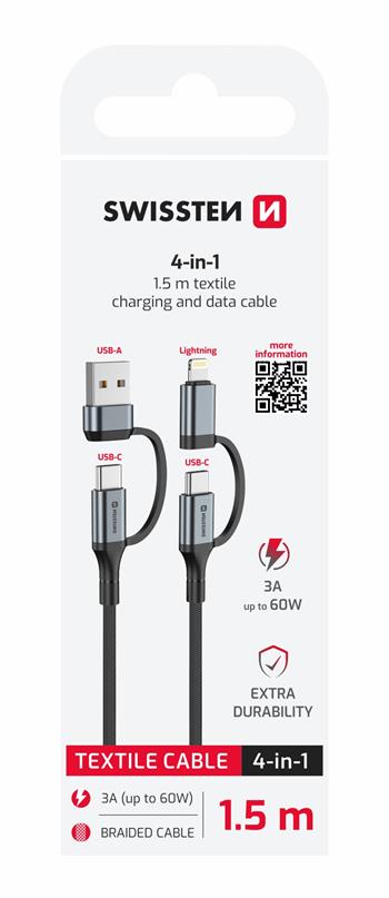 TEXTILNÍ DATOVÝ KABEL SWISSTEN 4in1, 3A 1,5 M ČERNÝ