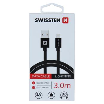 DATOVÝ KABEL SWISSTEN TEXTILE USB / LIGHTNING 3,0 M ČERNÝ