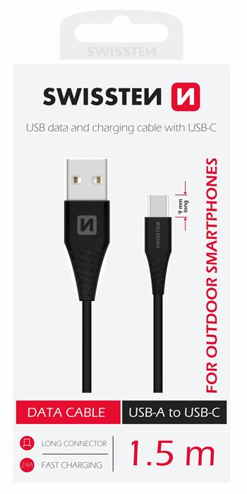 DATOVÝ KABEL SWISSTEN USB / USB-C ČERNÝ 1,5M (9mm)