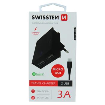 SWISSTEN SÍŤOVÝ ADAPTÉR SMART IC 2x USB 3A POWER + DATOVÝ KABEL USB / MICRO USB 1,2 M ČERNÝ