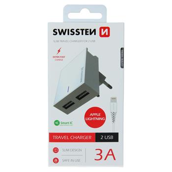 SWISSTEN SÍŤOVÝ ADAPTÉR SMART IC 2x USB 3A POWER + DATOVÝ KABEL USB / LIGHTNING 1,2 M BÍLÝ