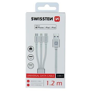 DATOVÝ KABEL SWISSTEN TEXTILE 3in1 MFi 1,2 M STŘÍBRNÝ (Lightning, USB-C, Micro USB)