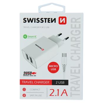 SWISSTEN SÍŤOVÝ ADAPTÉR SMART IC 2x USB 2,1A POWER + DATOVÝ KABEL USB / MICRO USB 1,2 M BÍLÝ