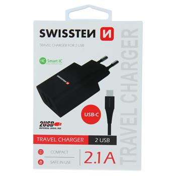 SWISSTEN SÍŤOVÝ ADAPTÉR SMART IC 2x USB 2,1A POWER + DATOVÝ KABEL USB / TYPE C 1,2 M ČERNÝ