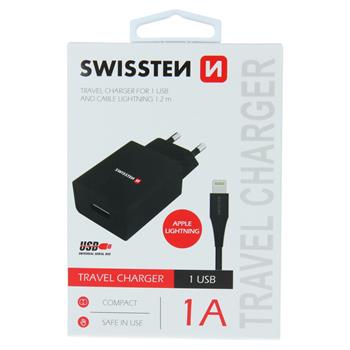 SWISSTEN SÍŤOVÝ ADAPTÉR SMART IC 1x USB 1A POWER + DATOVÝ KABEL USB / LIGHTNING 1,2 M ČERNÝ