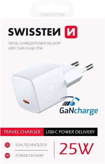 SWISSTEN MINI SÍŤOVÝ ADAPTÉR GaN USB-C 25W POWER DELIVERY