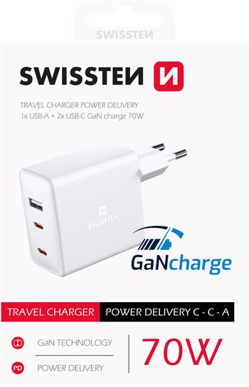 SWISSTEN SÍŤOVÝ ADAPTÉR GaN 2x USB-C + 1x USB 70W