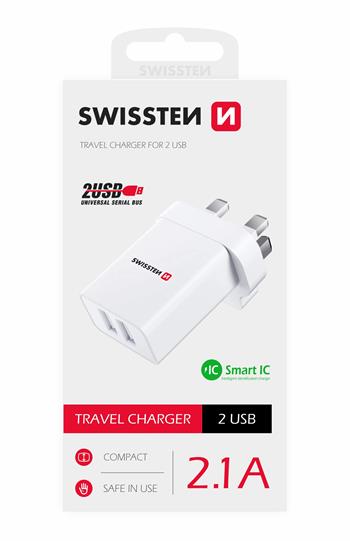 SWISSTEN SÍŤOVÝ ADAPTÉR 2x USB 10,5W pro UK zásuvku BÍLÝ