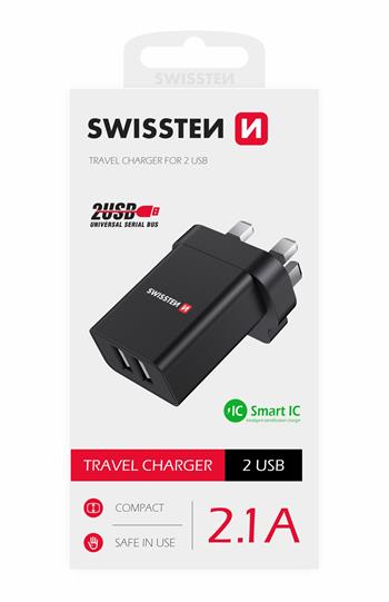 SWISSTEN SÍŤOVÝ ADAPTÉR 2x USB 10,5W pro UK zásuvku ČERNÝ