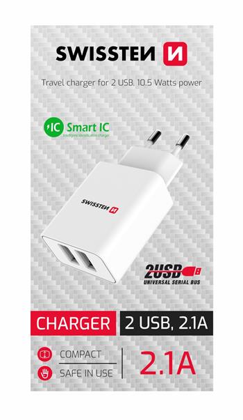 SWISSTEN SÍŤOVÝ ADAPTÉR SMART IC 2x USB 2,1A POWER BÍLÝ (SAMOPRODAVAČ)