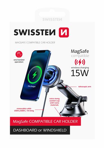 MAGNETICKÝ DRŽÁK DO AUTA SWISSTEN S BEZDRÁTOVÝM NABÍJENÍM 15W DASHBOARD (kompatibilní s MagSafe)