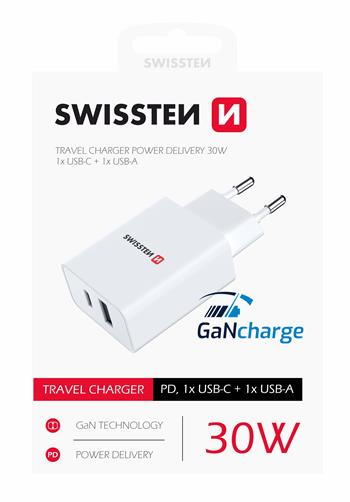 SWISSTEN SÍŤOVÝ ADAPTÉR GaN 1x USB-C + 1x USB 30W POWER DELIVERY