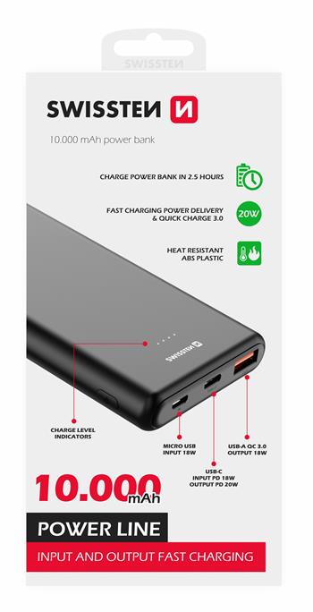 SWISSTEN POWER LINE POWER BANK 10000 mAh 20W POWER DELIVERY BLACK