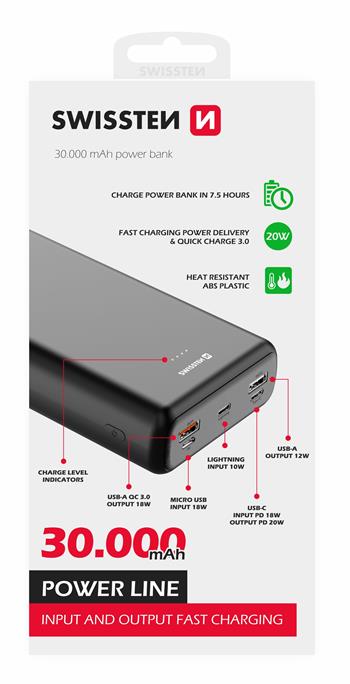 SWISSTEN POWER LINE POWER BANK 30000 mAh 20W POWER DELIVERY BLACK