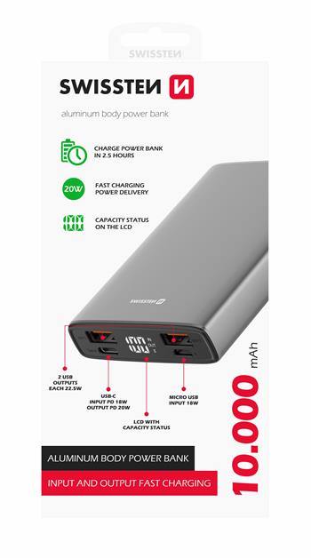 SWISSTEN ALUMINUM POWER BANK 10000 mAh 20W POWER DELIVERY GREY