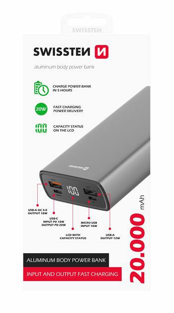 SWISSTEN ALUMINUM POWER BANK 20000 mAh 20W POWER DELIVERY GREY