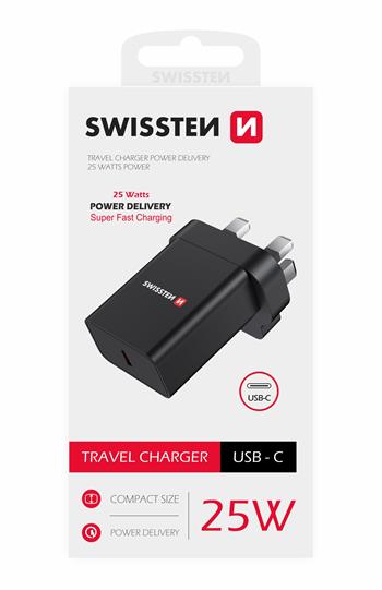 SWISSTEN SÍŤOVÝ ADAPTÉR PD 25W PRO IPHONE A SAMSUNG pro UK zásuvku ČERNÝ