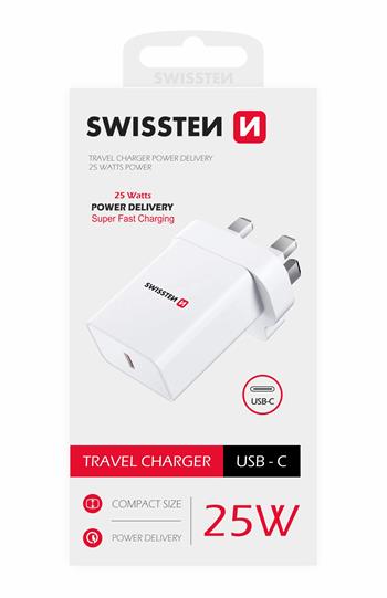 SWISSTEN SÍŤOVÝ ADAPTÉR PD 25W PRO IPHONE A SAMSUNG pro UK zásuvku BÍLÝ