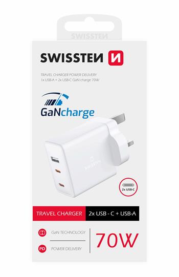 SWISSTEN SÍŤOVÝ ADAPTÉR GaN 2x USB-C + 1x USB 70W pro UK zásuvku