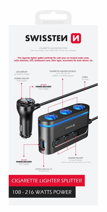 SWISSTEN AUTOADAPTÉR S VÝSTUPEM 3x CL, 2x UCB-C PD a 1x USB-A QA 3.0, 108W - 216W